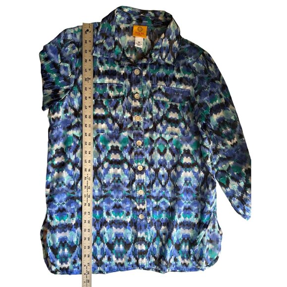 Ruby Rd. Petite Button-Up Tunic Top 10P Blue & Green Abstract Print 3/4 Sleeves - Picture 7 of 7